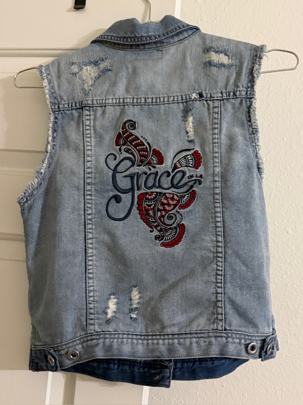 Grace Light Blue Denim Vest with Red & Navy Embroidery